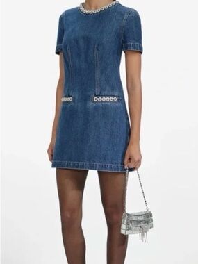 Self-Portrait Blue Denim Short Sleeve Mini Dress with Crystal Trim